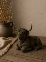 schotse hooglander beeld, hooglander decoratie, koe beeld landelijk, stoer en sober interieur, aura peeperkorn stijl, hoffz stijl, landelijke woonaccessoires, koe beeld polystone, decoratie beeld koe, 